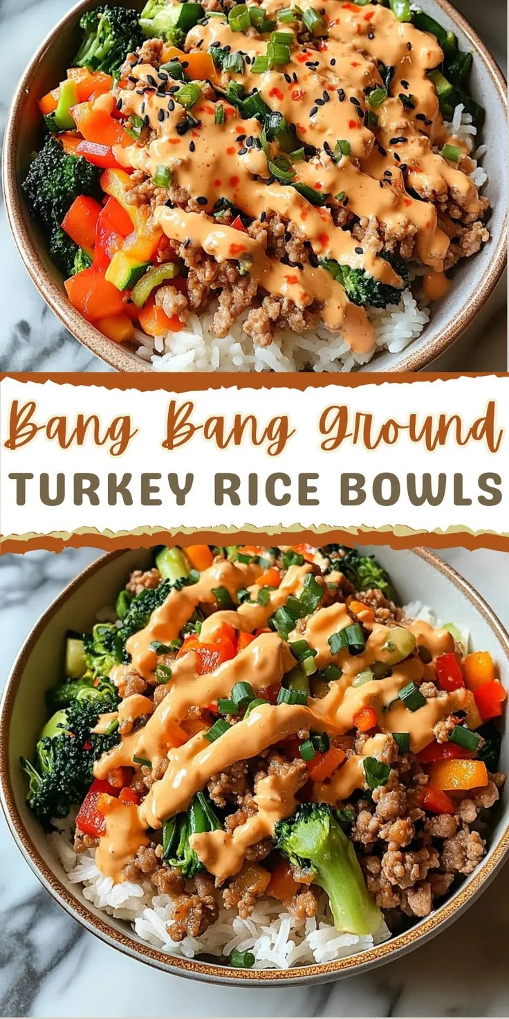 Delicious Bang Bang Turkey Bowls topped with spicy sauce and fresh ingredients.