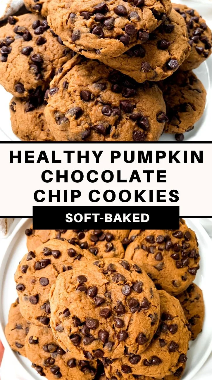 Healthy pumpkin chocolate chip cookies on a plate with chocolate chunks