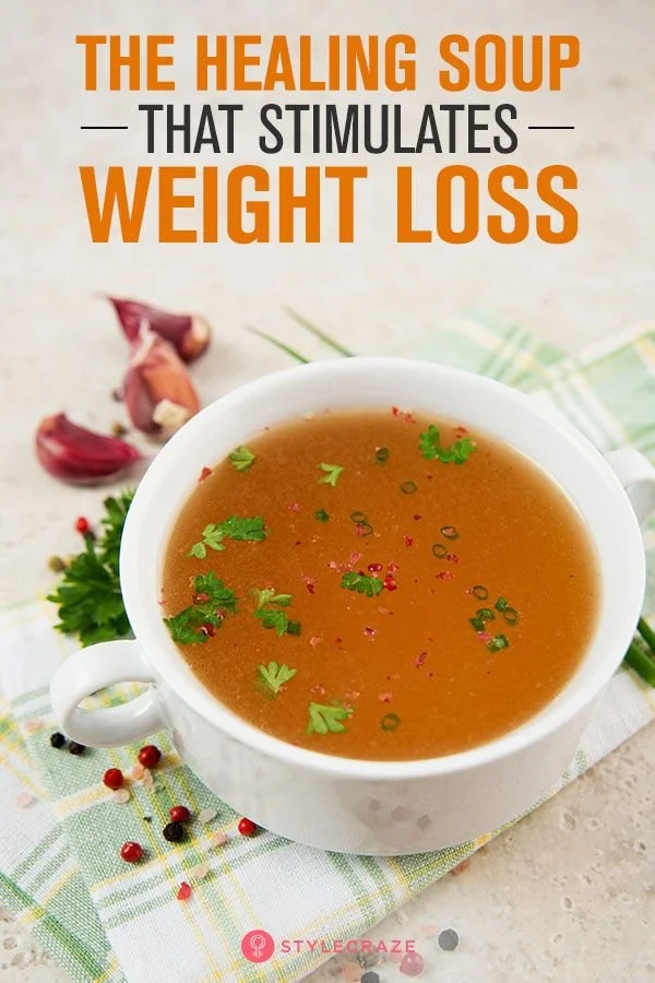 A bowl of nutritious healing soup filled with vegetables and herbs for weight loss.
