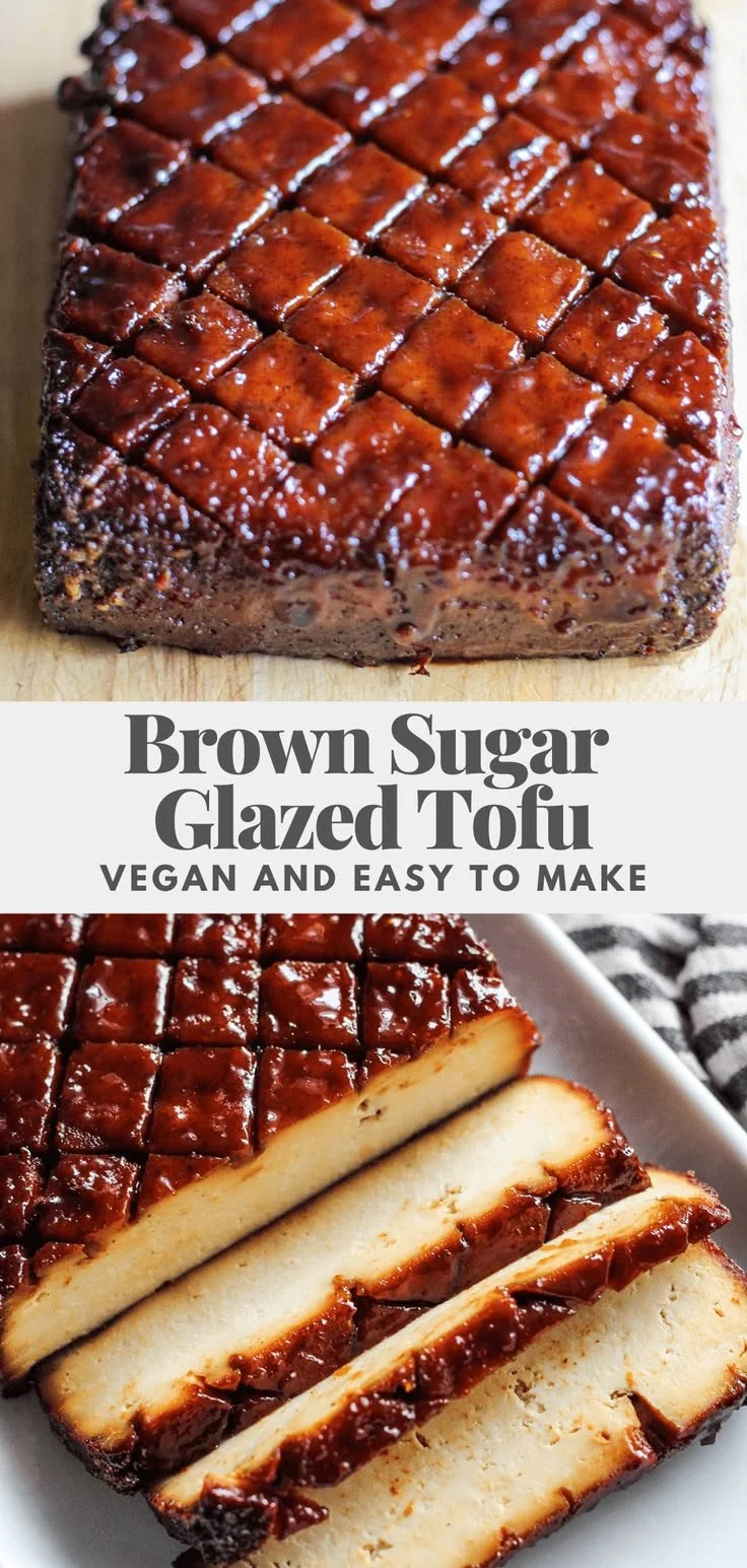 Delicious brown sugar glazed tofu served on a plate with vegetables