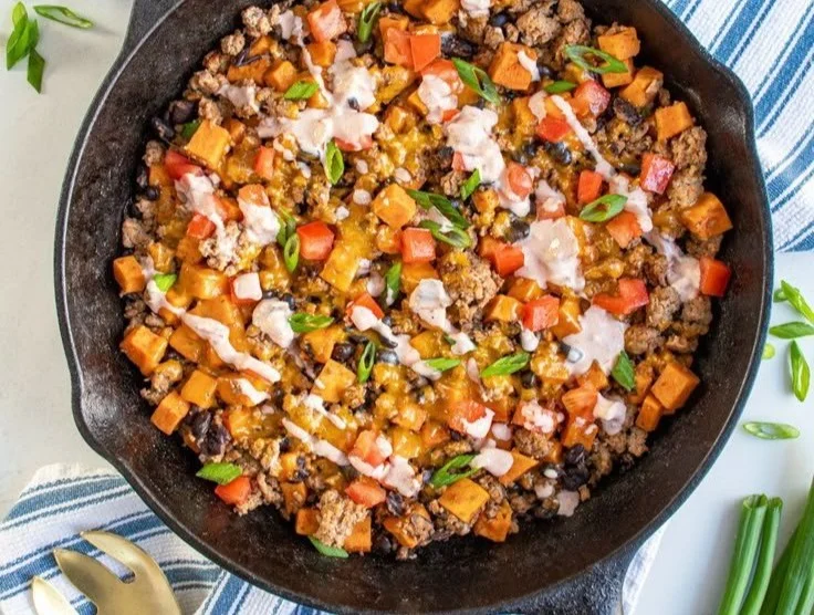 Savory Turkey Sweet Potato Skillet with colorful vegetables and spices