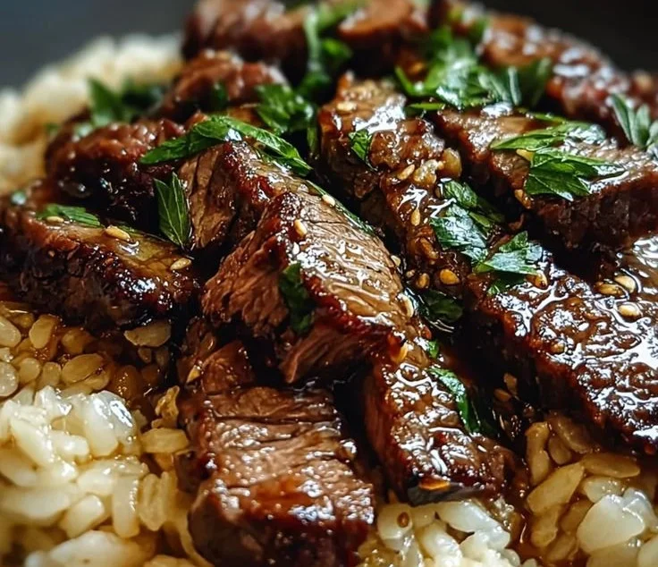 Honey garlic butter steak served with rice in a skillet, a comforting meal.