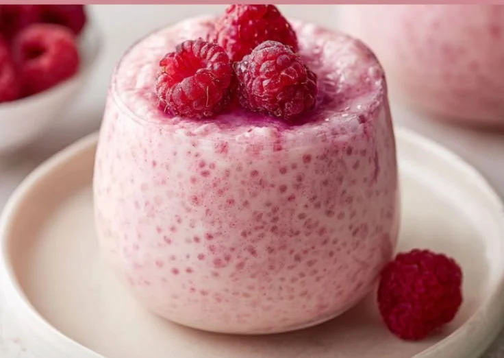 Vanilla Raspberry Chia Pudding breakfast bowl topped with fresh raspberries