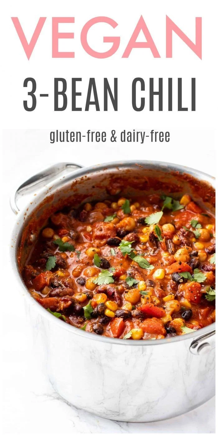 Delicious vegan 3-bean chili served in a bowl with fresh herbs
