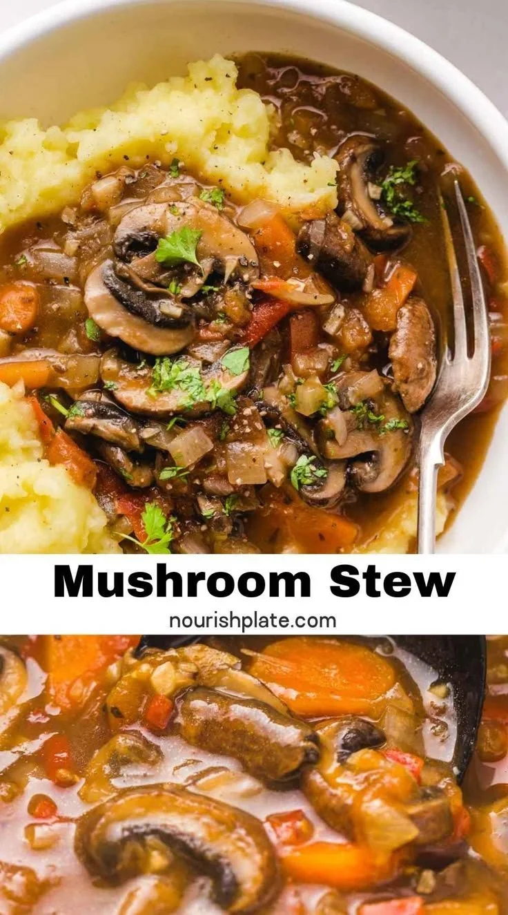 Delicious vegan mushroom stew with fresh vegetables and herbs.