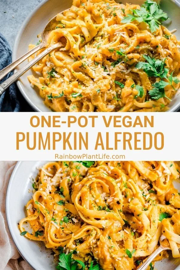 Vegan One2 2pot Pumpkin Alfredo served in a bowl with fresh herbs on top.