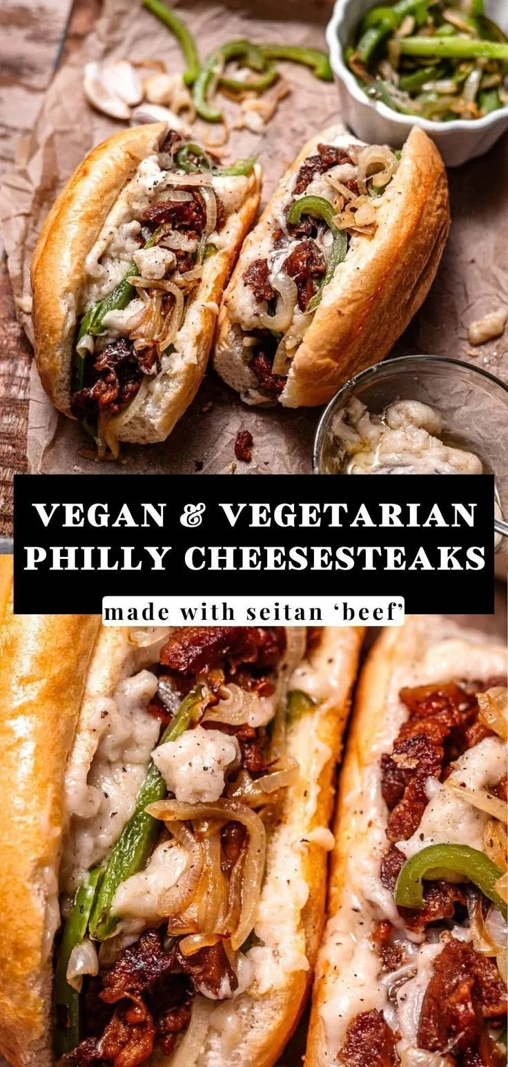 Vegan Philly Cheesesteaks made with seitan beef topped with vegan cheese