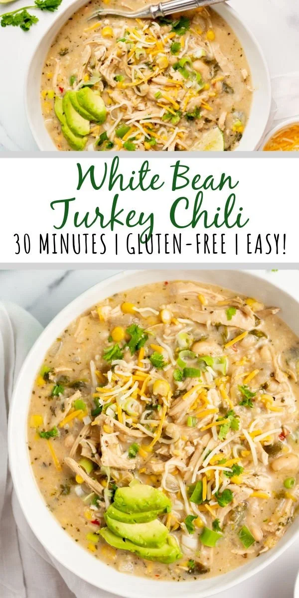 Bowl of White Bean Turkey Chili garnished with cilantro and lime.