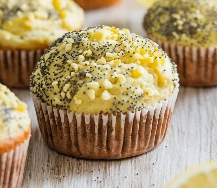 Zesty lemon poppy seed cottage cheese muffins on a wooden table