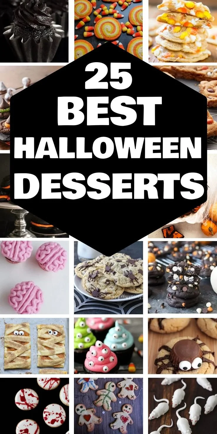 A display of creative Halloween desserts including spooky cookies and themed cakes.