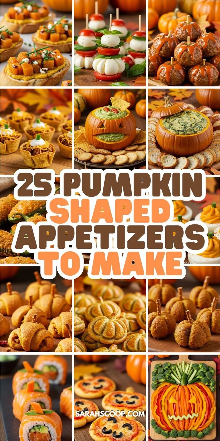 Variety of pumpkin shaped appetizers for Halloween and fall parties.