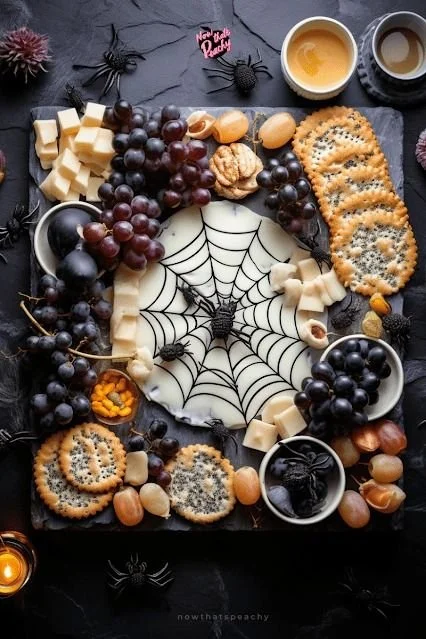 Spooky Halloween charcuterie board with themed treats and decorations.