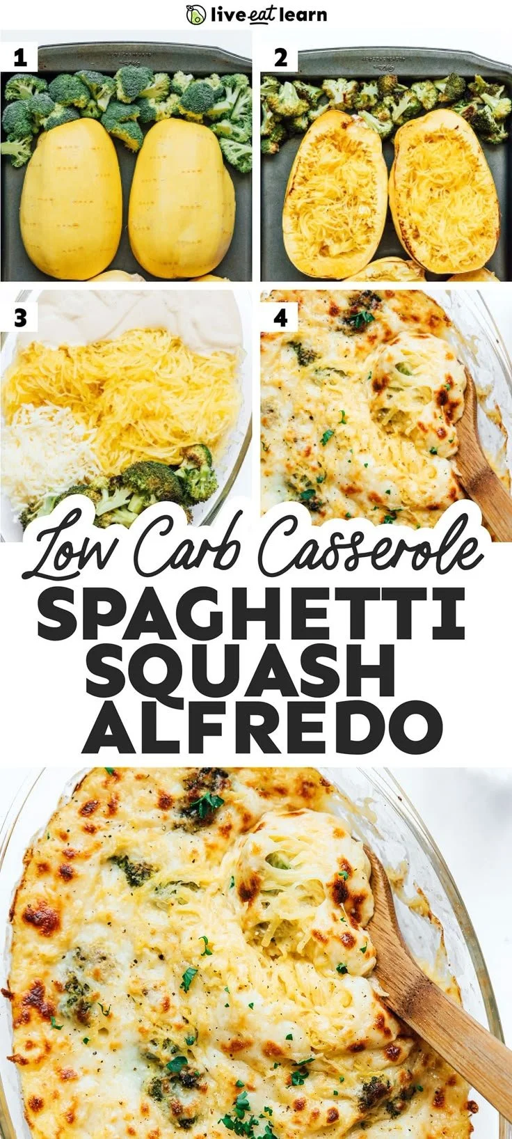 Delicious 5-Ingredient Spaghetti Squash Alfredo Casserole topped with cheese
