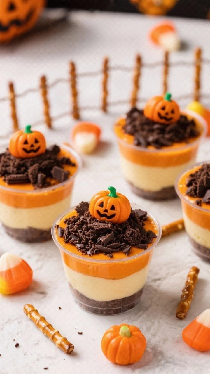 Colorful Halloween Dirt Cups decorated for a spooky fall dessert party