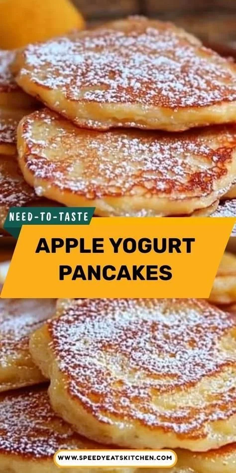 Delicious apple yogurt pancakes served on a plate, topped with fresh apple slices.