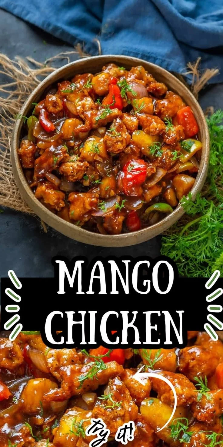 Plate of Asian Mango Chicken garnished with fresh herbs and mango slices