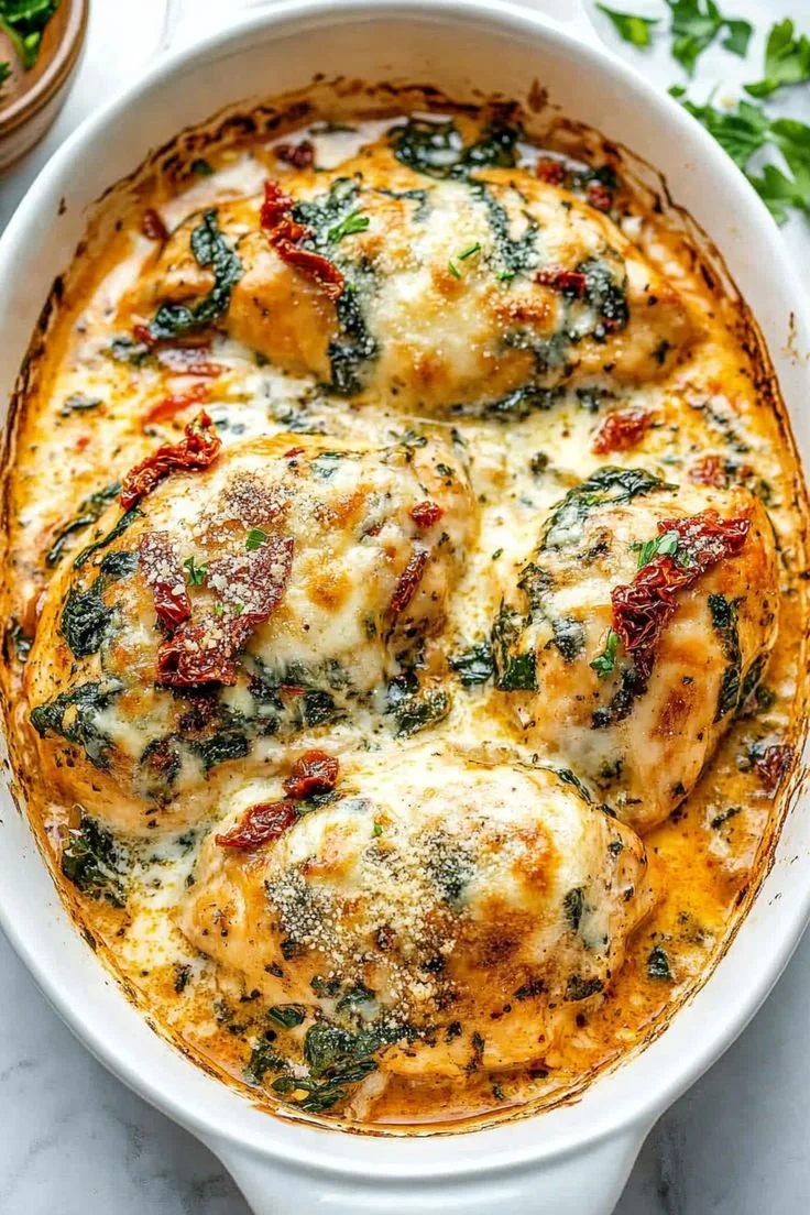 Delicious baked Tuscan chicken casserole with vibrant vegetables and herbs