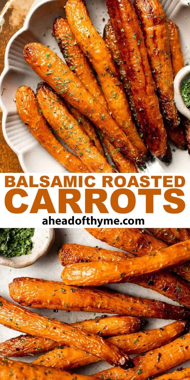 Balsamic roasted carrots garnished with herbs on a plate