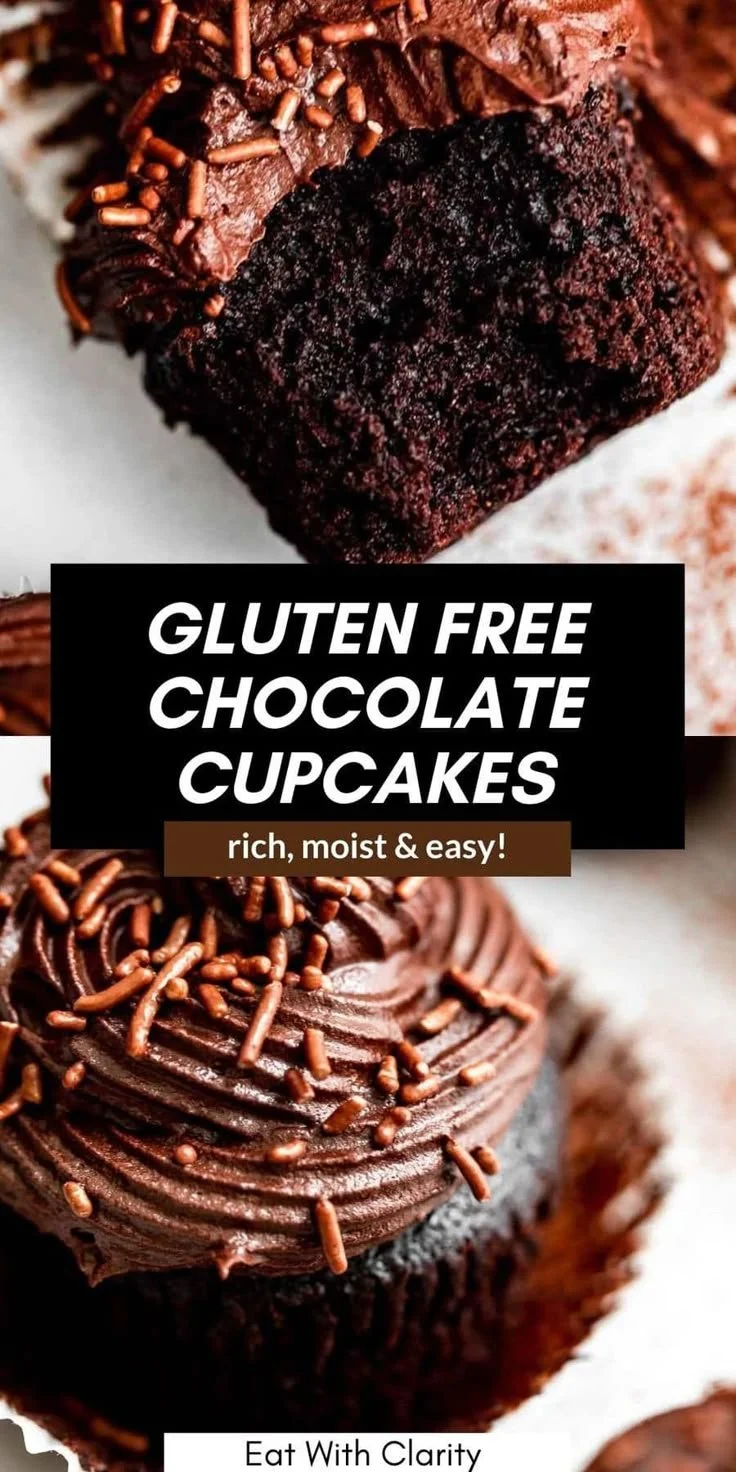 Delicious gluten free chocolate cupcakes topped with chocolate frosting