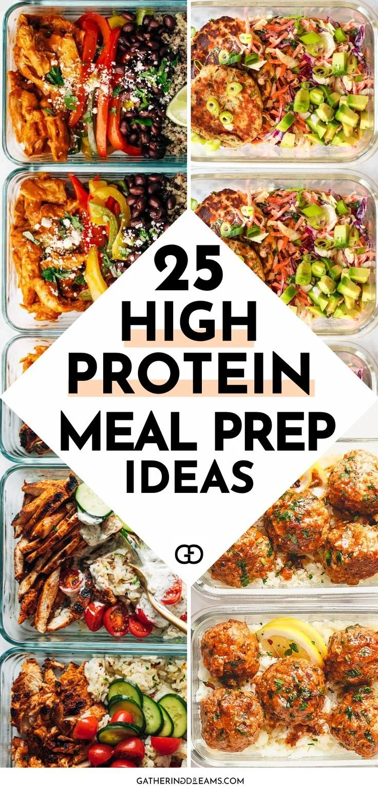 A variety of colorful high protein meal prep dishes arranged in containers.