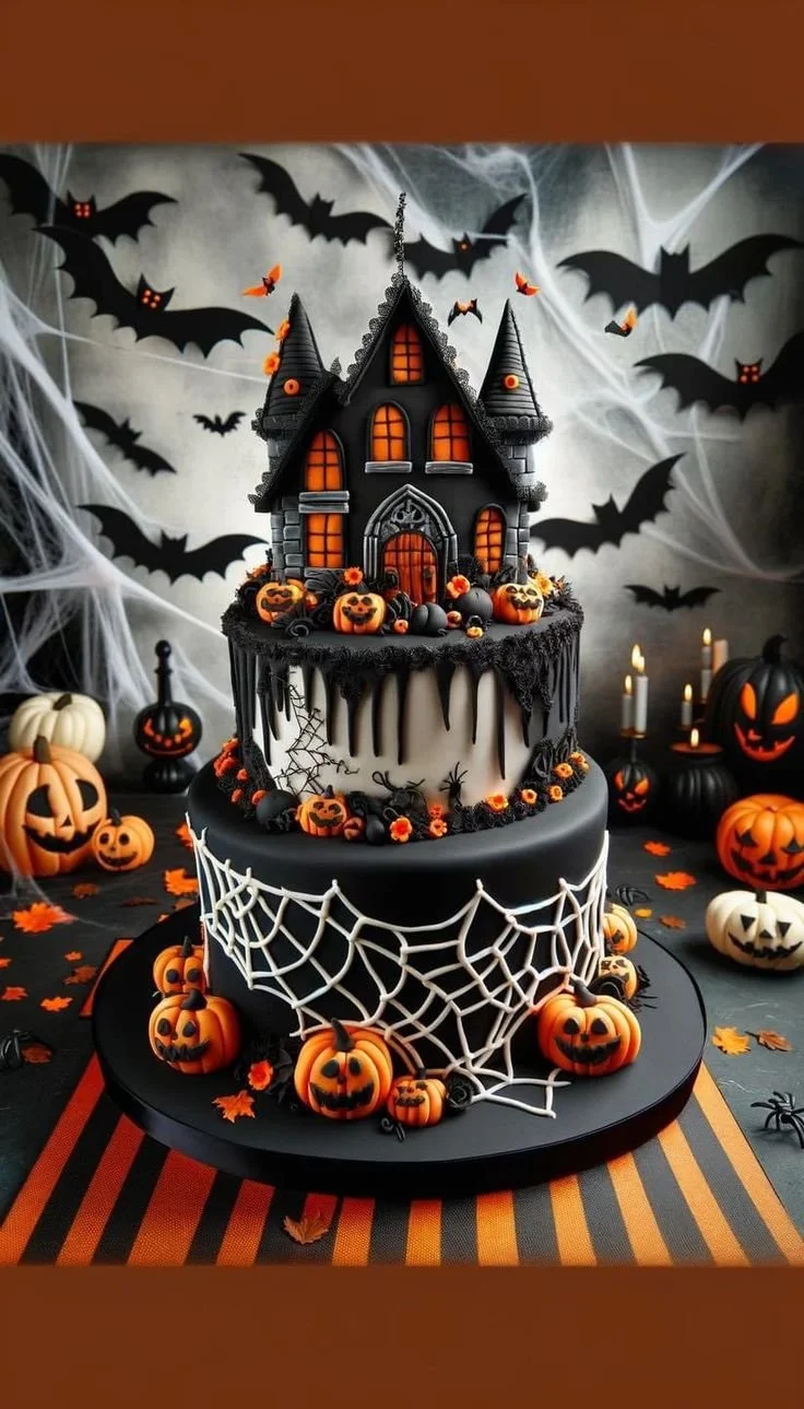 Black and orange Halloween cake decorated with spooky elements for parties