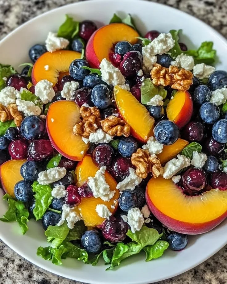 Delicious Blueberry Peach Feta Salad with vibrant fruits and creamy feta cheese