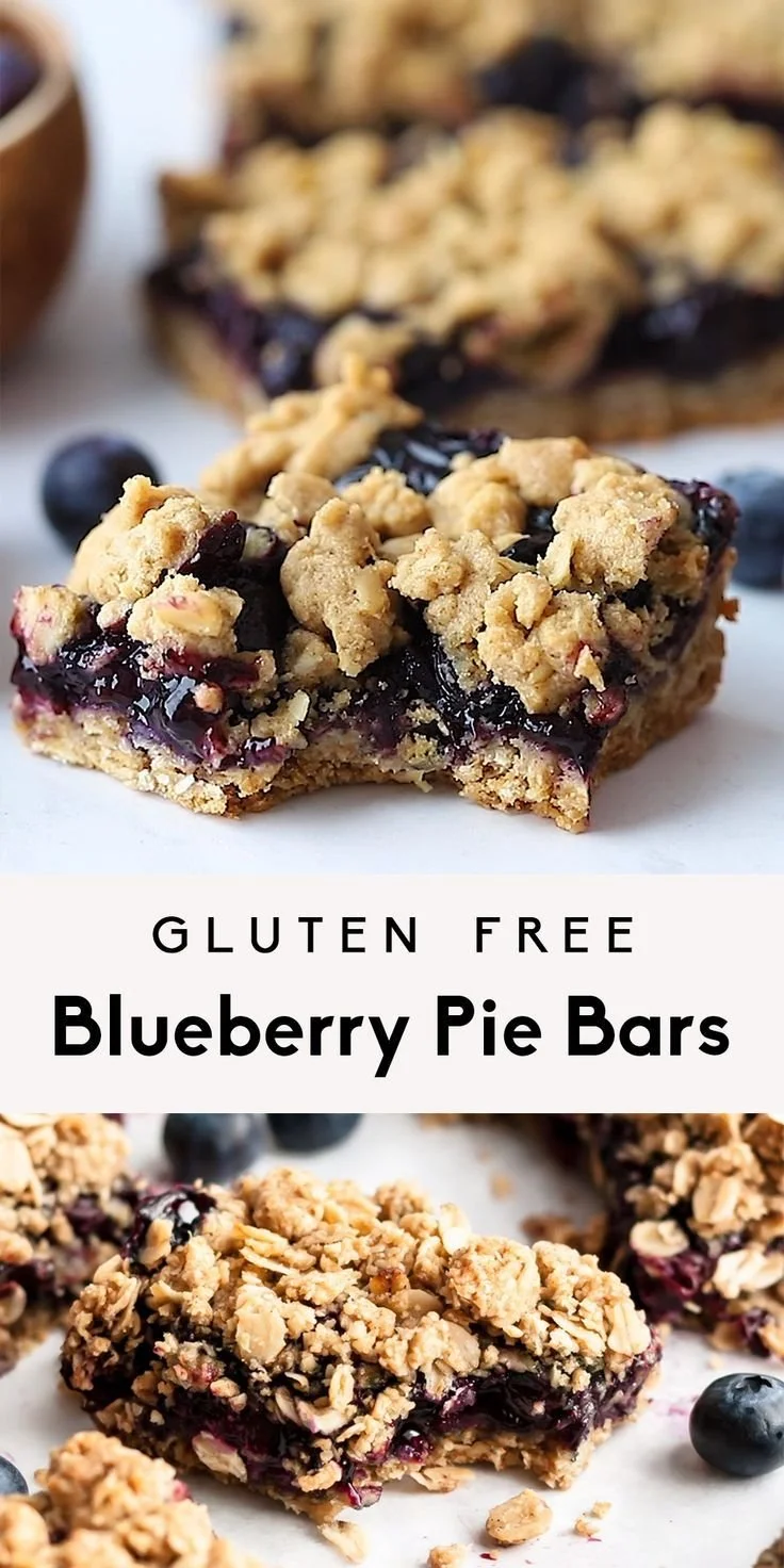 Blueberry pie bars with oatmeal crumble on a wooden table