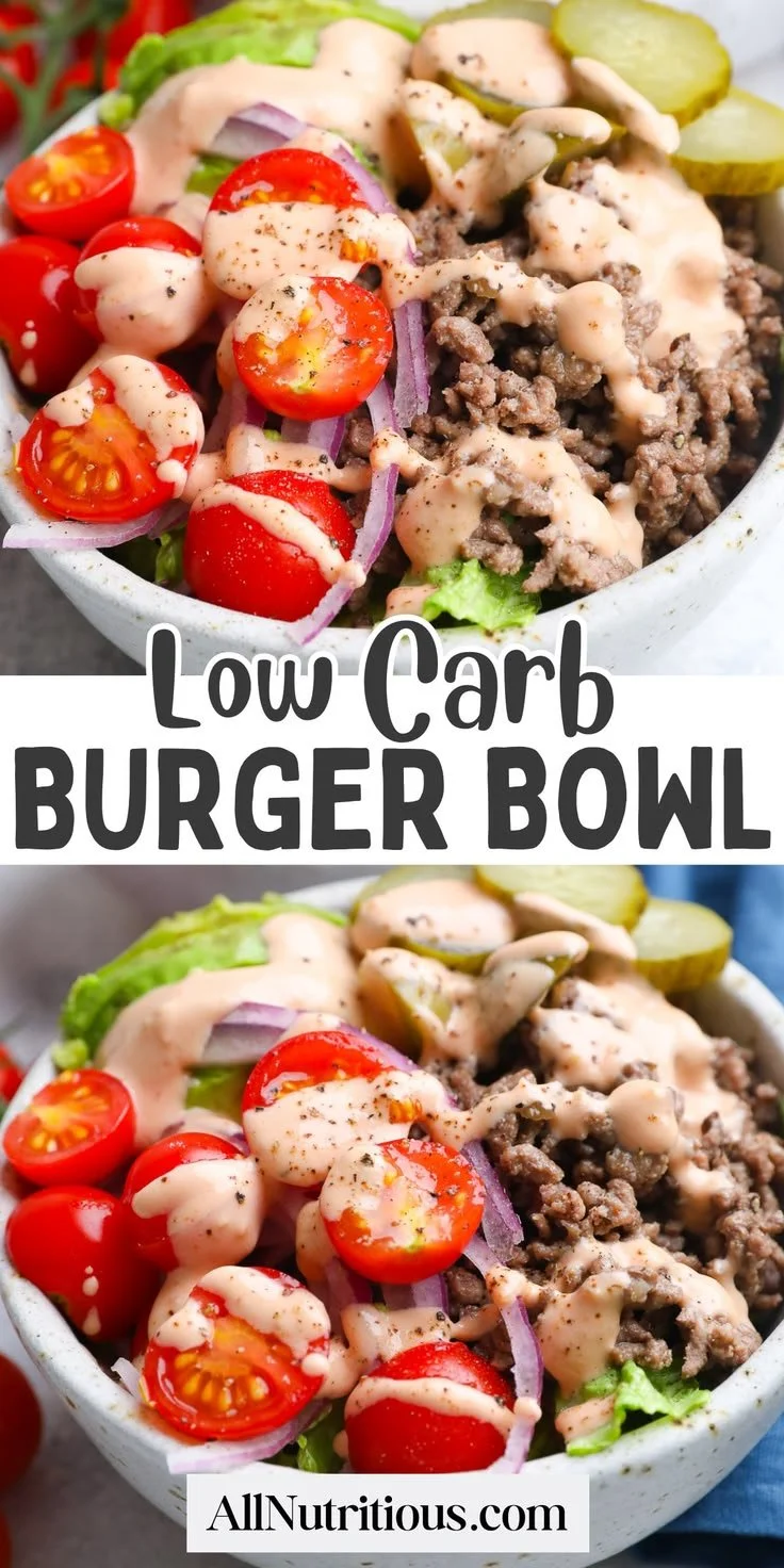 Delicious low carb burger bowl filled with fresh ingredients and toppings