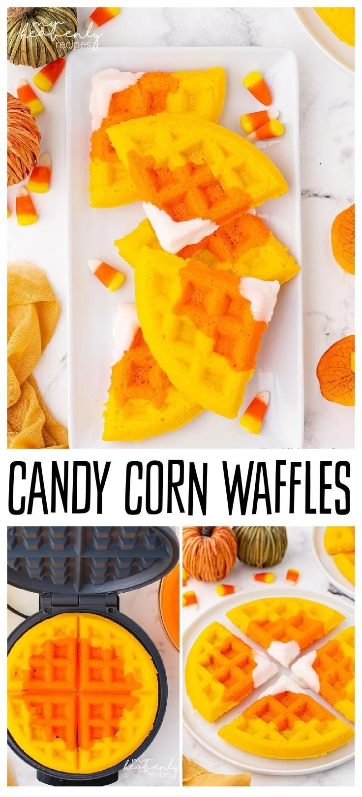 Colorful candy corn waffles topped with syrup and whipped cream