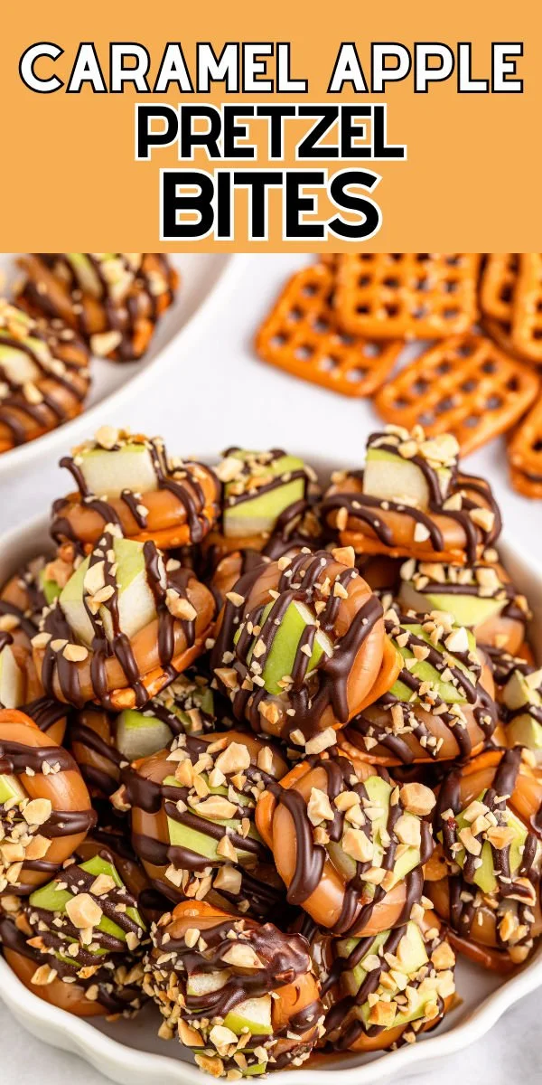 Delicious Caramel Apple Pretzel Bites with caramel drizzle and apple pieces