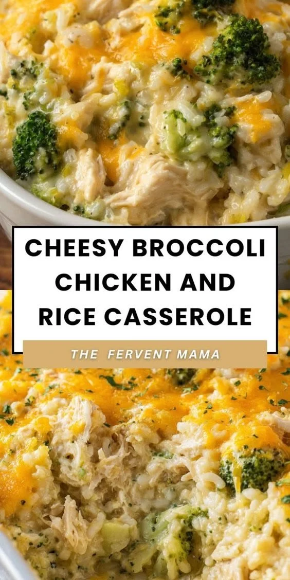 Cheesy broccoli chicken and rice casserole in a baking dish
