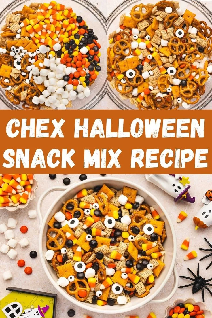 Chex Halloween Snack Mix served in a festive bowl with seasonal decorations.