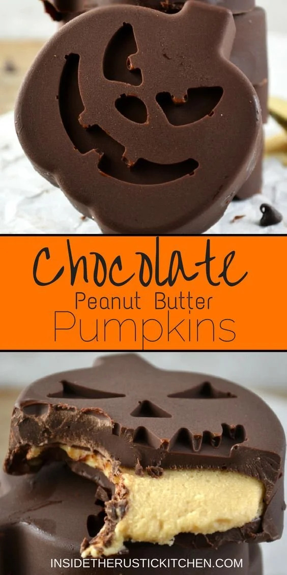 Chocolate peanut butter pumpkins decorated for Halloween