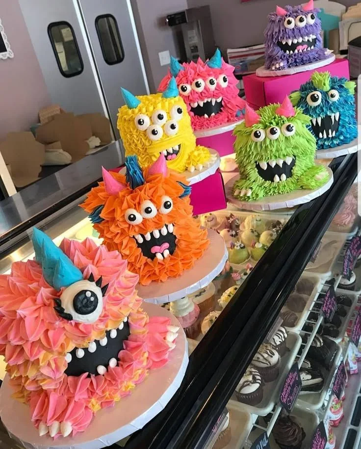 Colorful monster-themed cake for kids' birthday parties and Halloween celebrations.