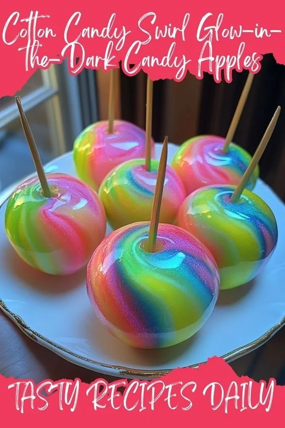 Cotton Candy Swirl Glow-in-the-Dark Candy Apples - A magical edible delight.