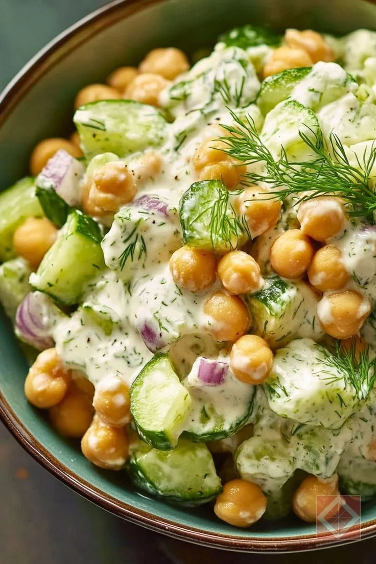 Creamy chickpea salad served in a bowl with fresh herbs and vegetables.