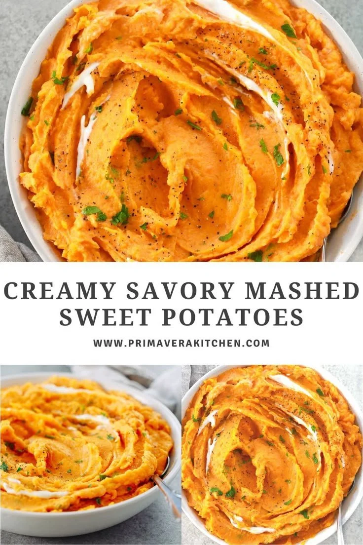 Delicious creamy savory mashed sweet potatoes served in a bowl