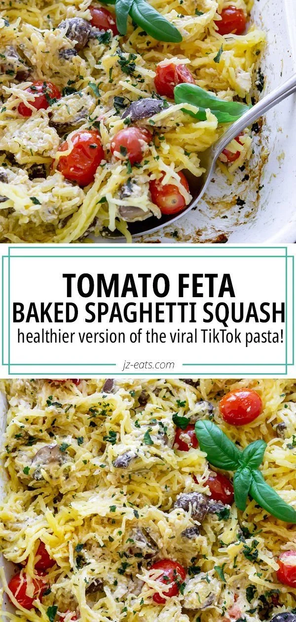Creamy tomato baked feta spaghetti squash served in a bowl