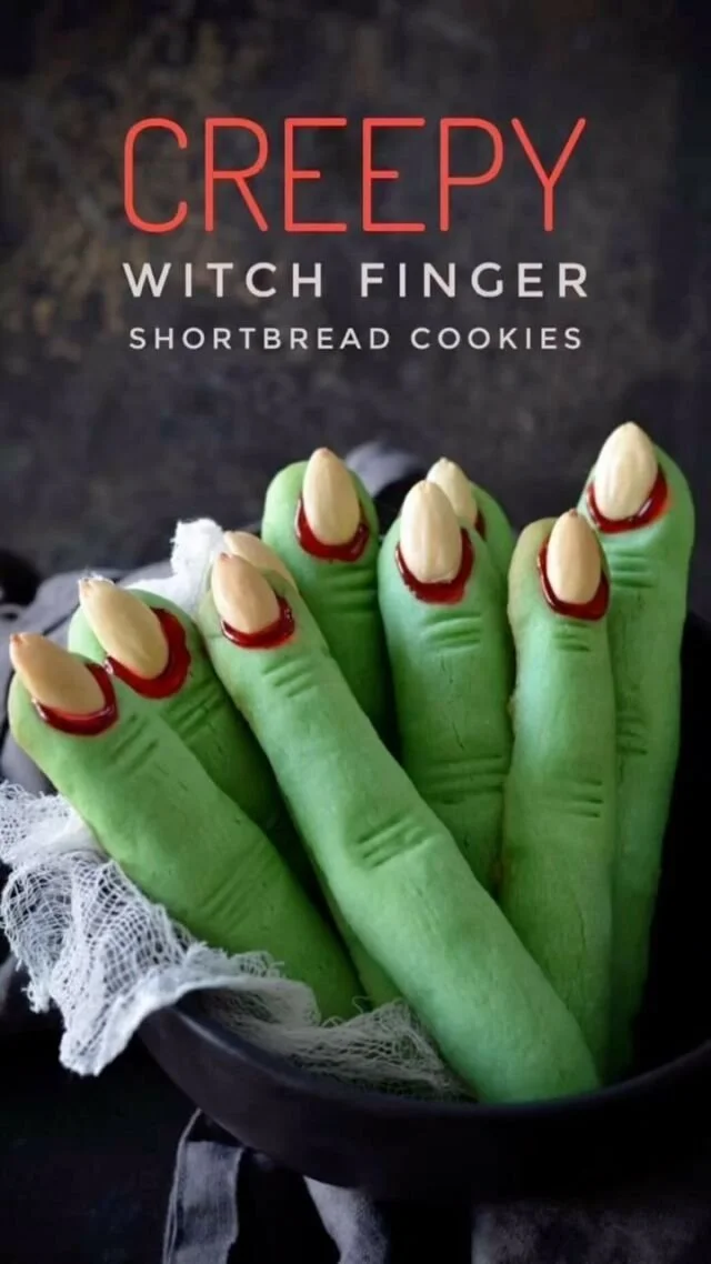 Creepy witch finger cookies decorated for Halloween