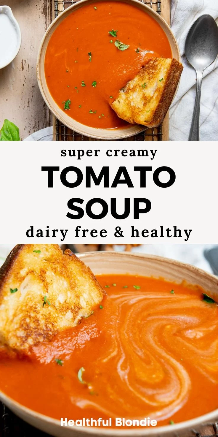 Bowl of dairy-free tomato soup with fresh basil and garlic bread on the side.