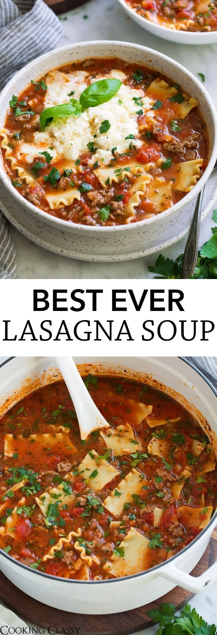 Delicious bowl of lasagna soup topped with melted cheese and herbs