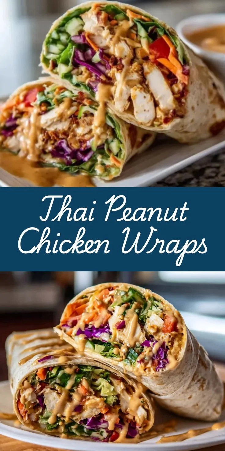 Thai Peanut Chicken Wraps with fresh vegetables and creamy peanut sauce