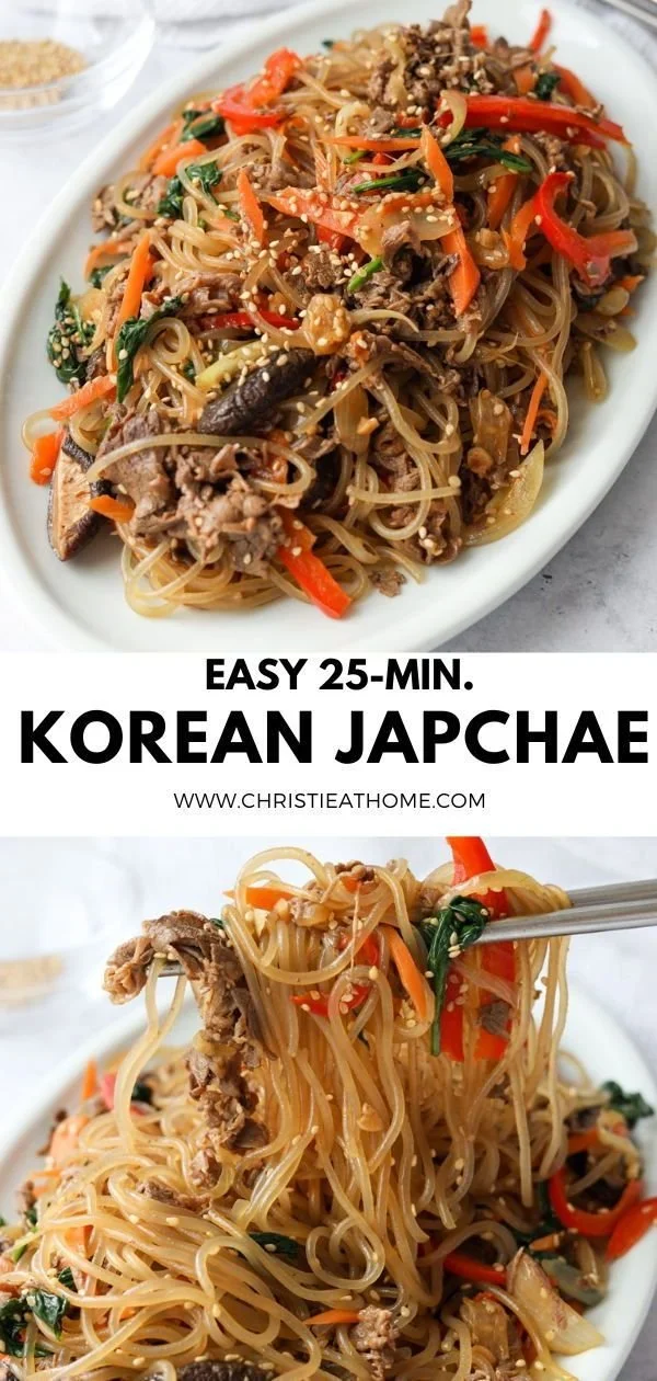 Delicious homemade Japchae with colorful vegetables and sweet potato noodles