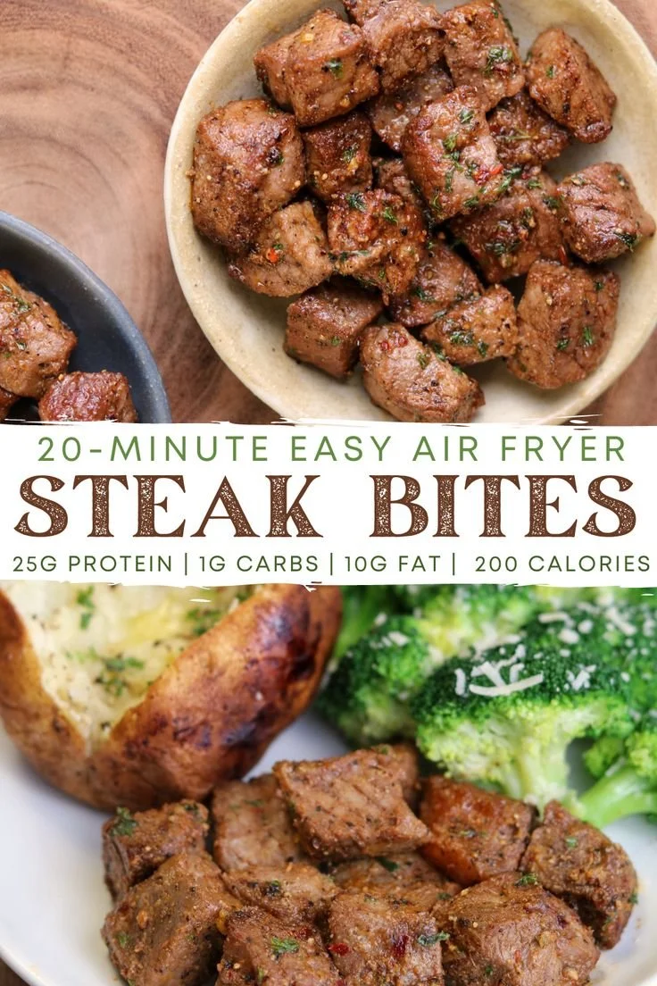 Delicious air fryer steak bites cooked to perfection.