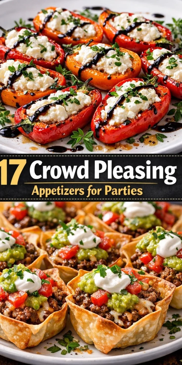 Easy appetizers including goat cheese stuffed mini peppers and loaded nachos.