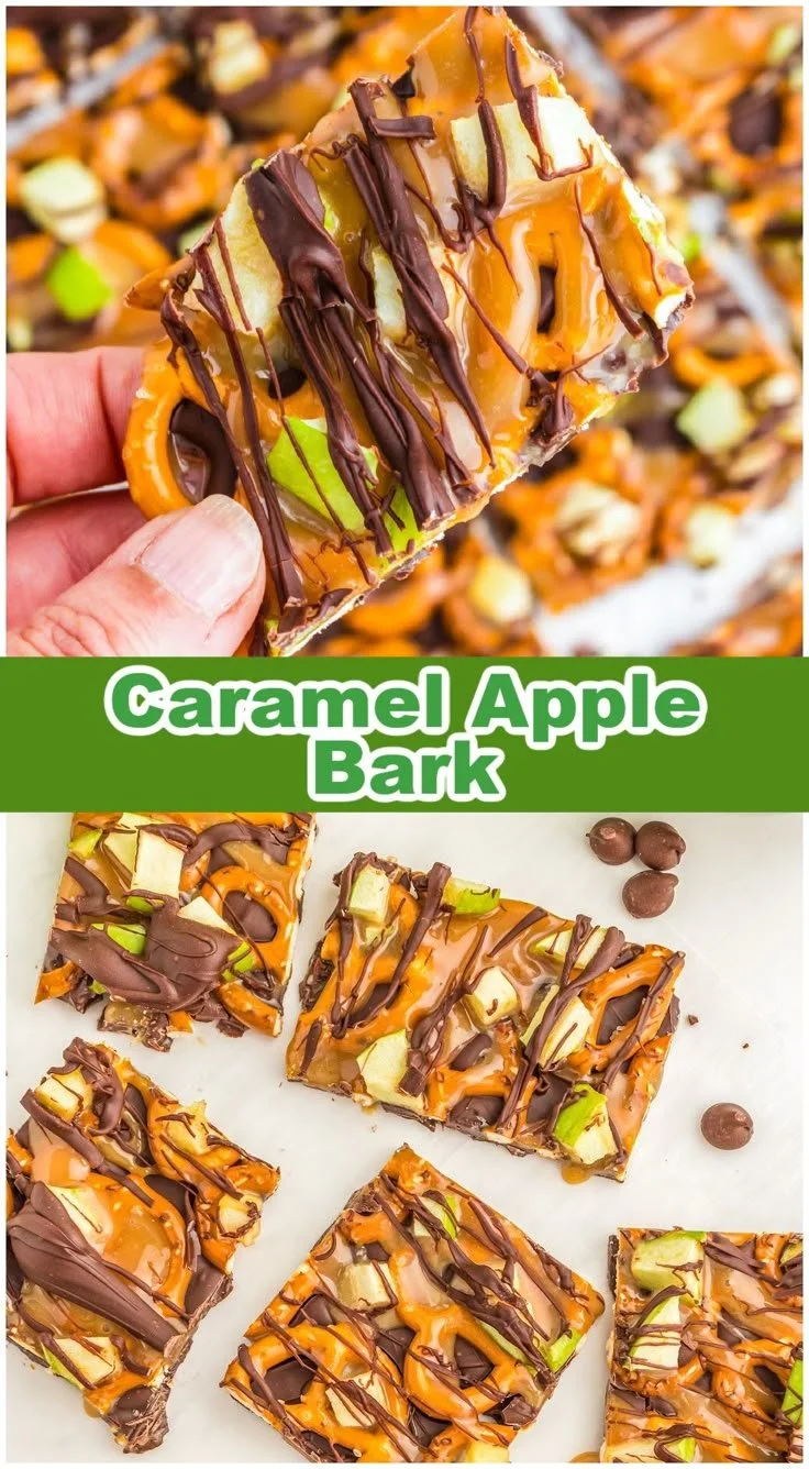 Delicious homemade easy caramel apple bark with chocolate and apple pieces.
