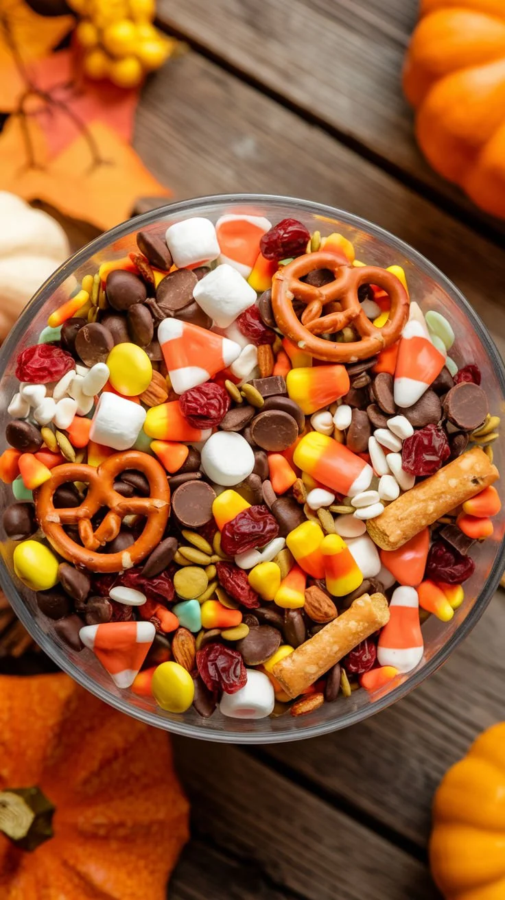 Colorful Halloween Trail Mix with candies and nuts for festive snacking