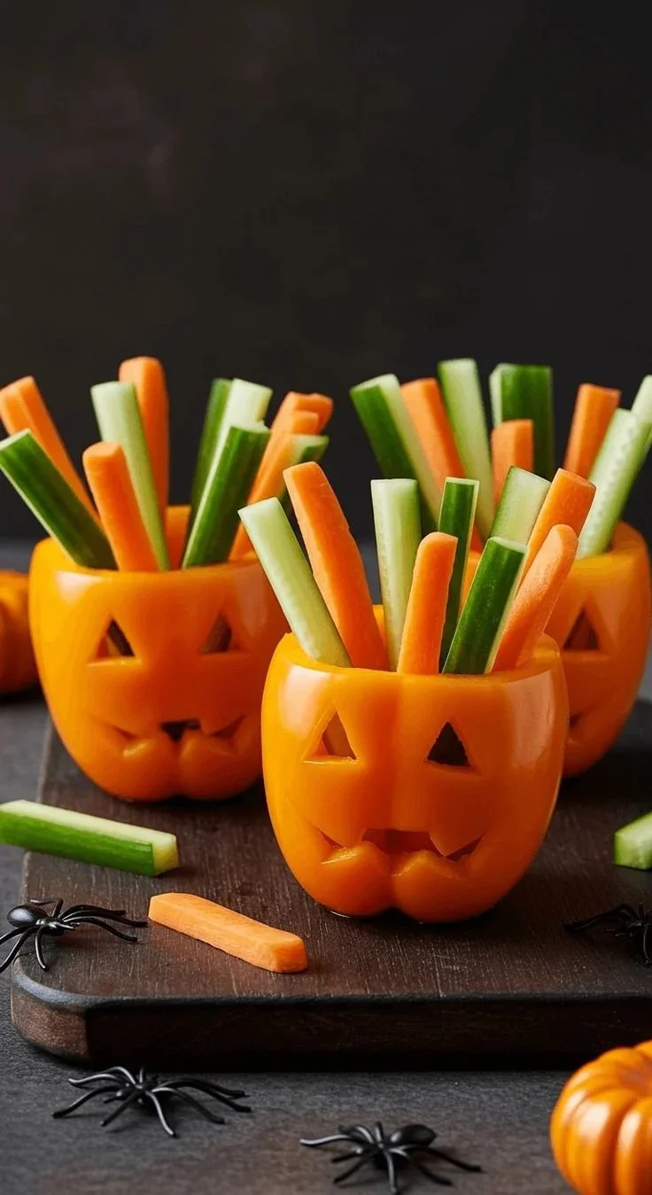 Healthy Halloween snacks for kids featuring spooky themed treats and vegetables.