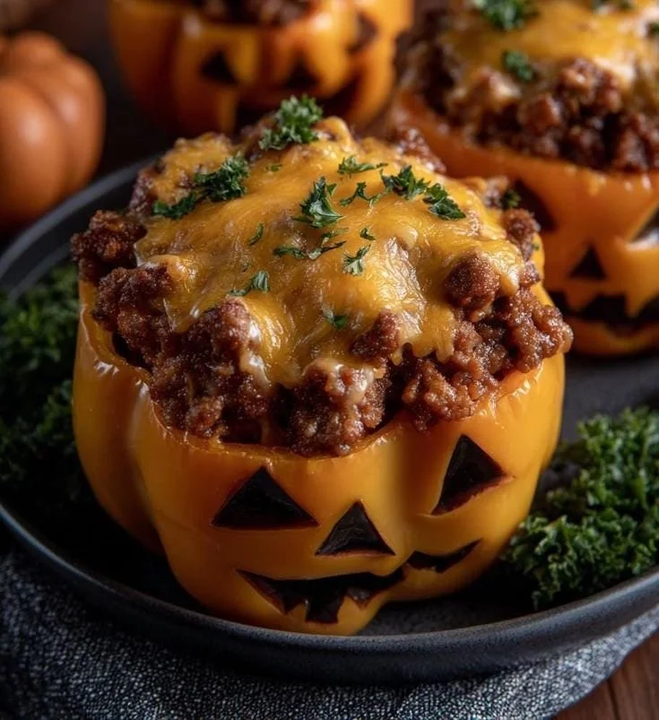 Halloween stuffed peppers shaped like Jack-O-Lanterns for a festive meal