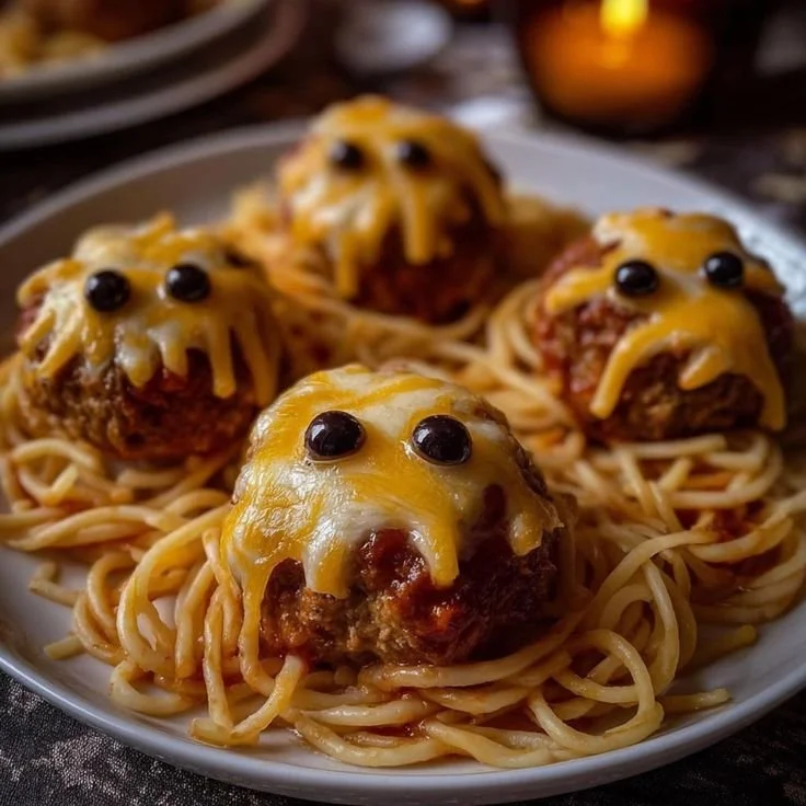 Spooky ghost spaghetti and meatballs Halloween dinner recipe